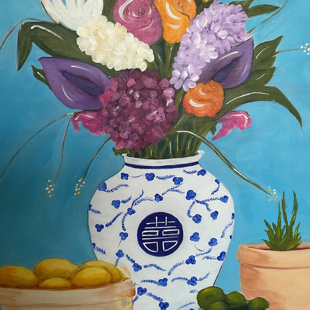 Original Artwork Bright Floral and Still Life Painting With Blue and White Vase - Picture 5 of 7